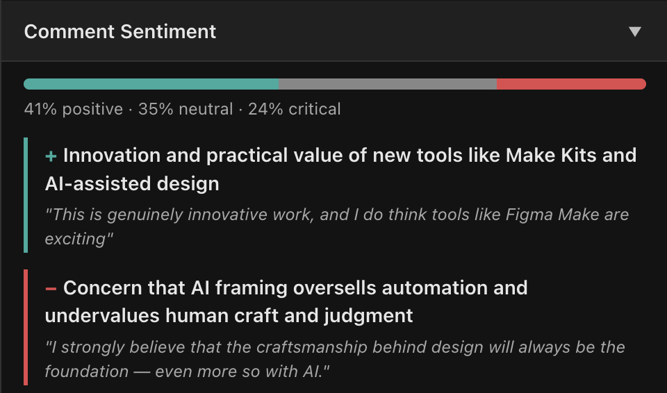 A video's comment section shows positive sentiment about the promising features and negative sentiment about AI being treated too favorably